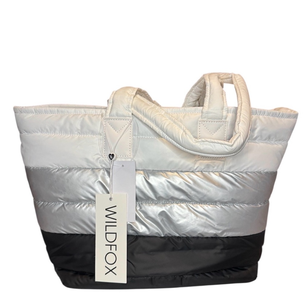 Wildfox puffy tote bag in a tri-color white, silver, and black design nwt